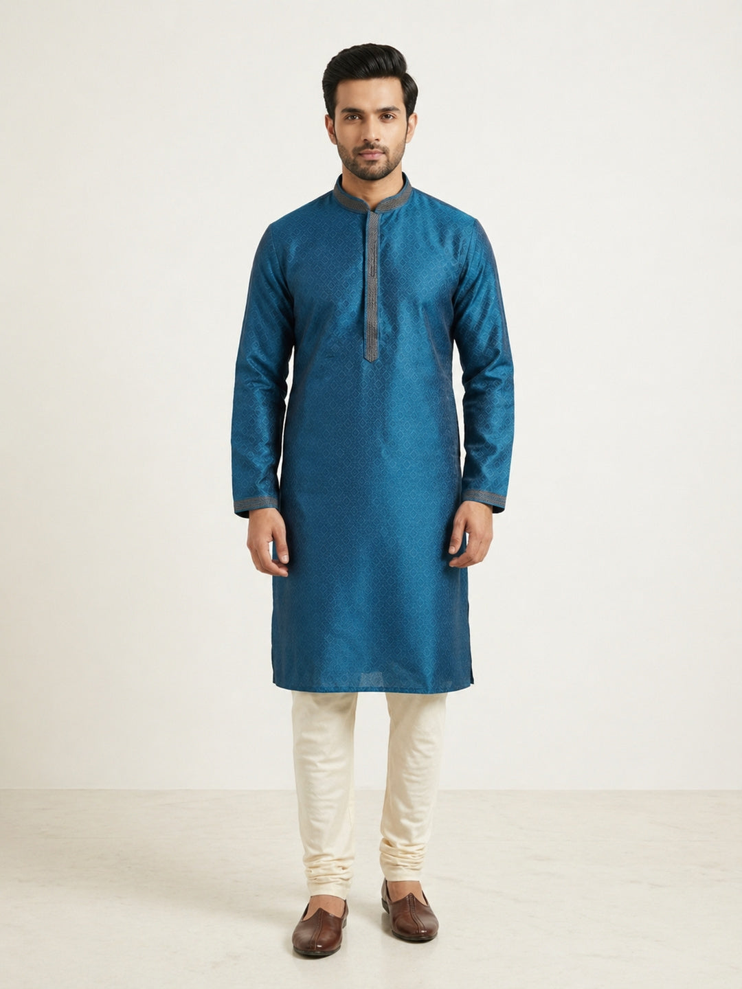 Teal Blue  Art Silk Jaquard Kurta Set Festive Wear