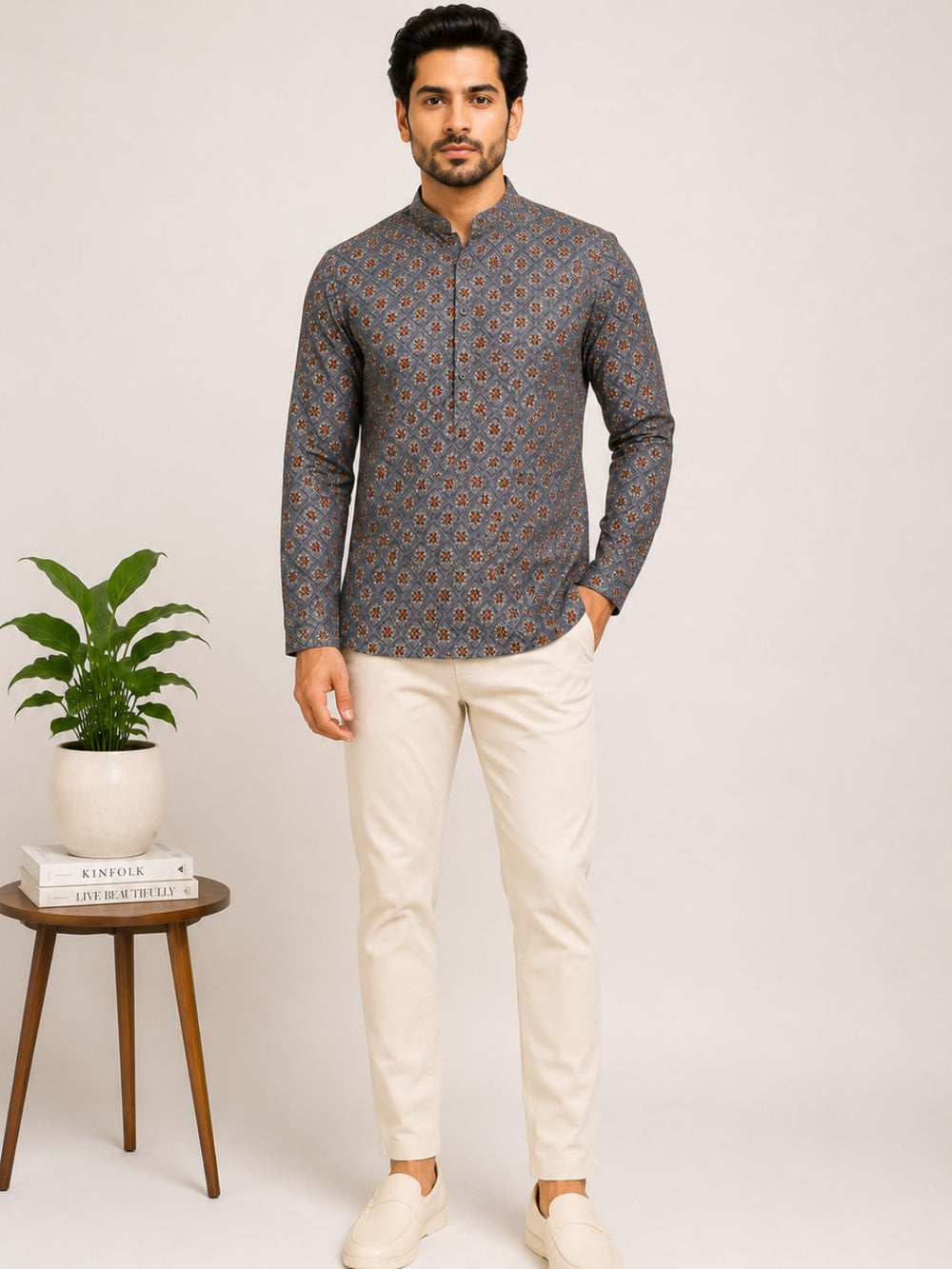 Slate Grey Cotton Printed Short Kurta