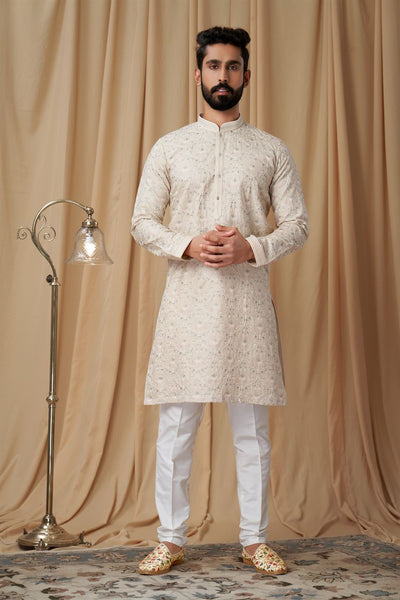 Beige Matka Silk Embroidered Kurta Pyjama