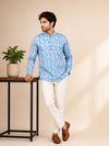 Sky Blue Cotton Printed Short Kurta