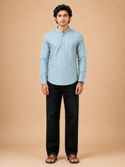 Mint Green Linen Printed Short Kurta