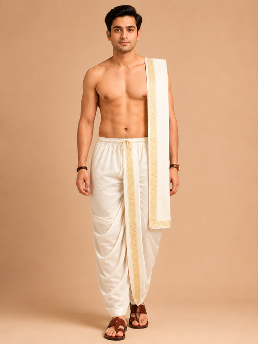 Light Fawn Art Silk Zari Border Dhoti with Dupatta Festive Wear