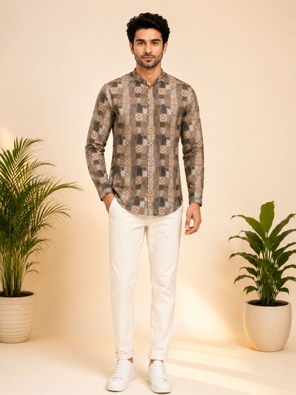 Olive Green Cotton Printed Short Kurta