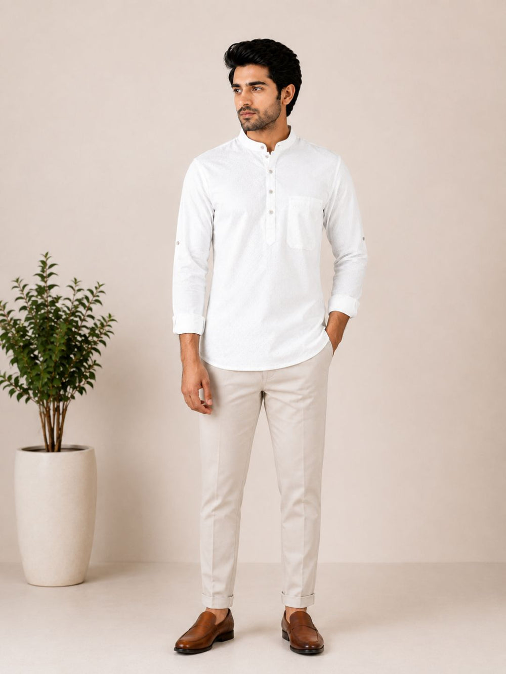 White Plain Cotton Short Kurta