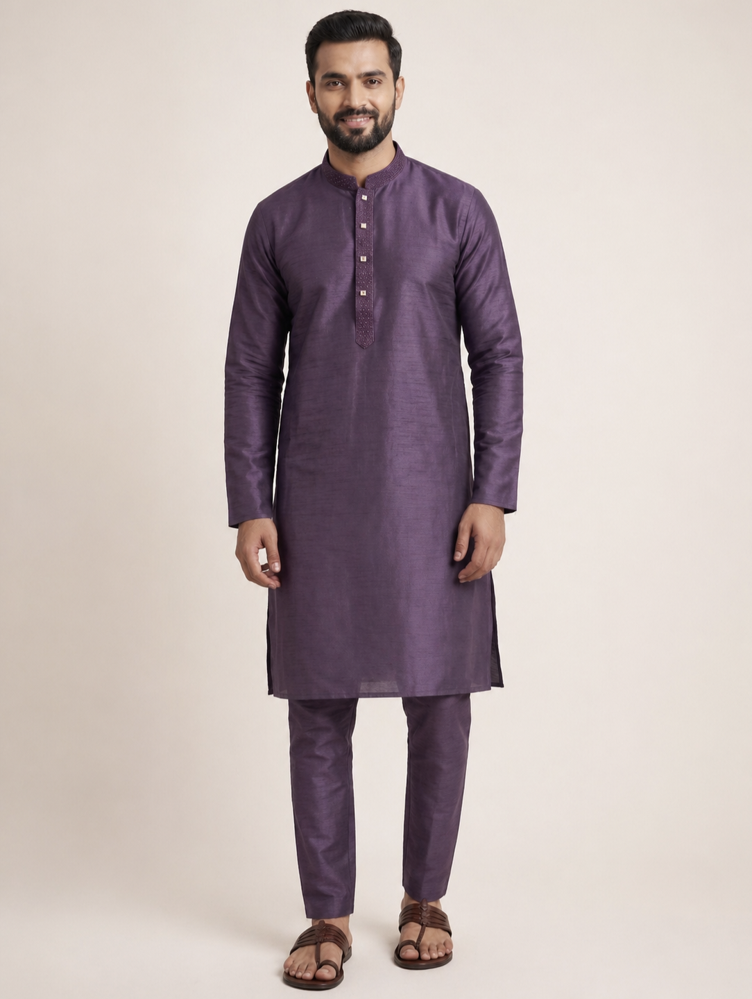Purple Art Silk Plain Kurta Set Festive Wear