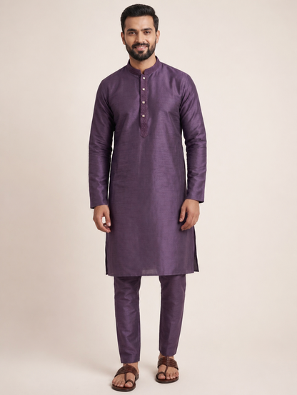 Purple Art Silk Plain Kurta Set Festive Wear