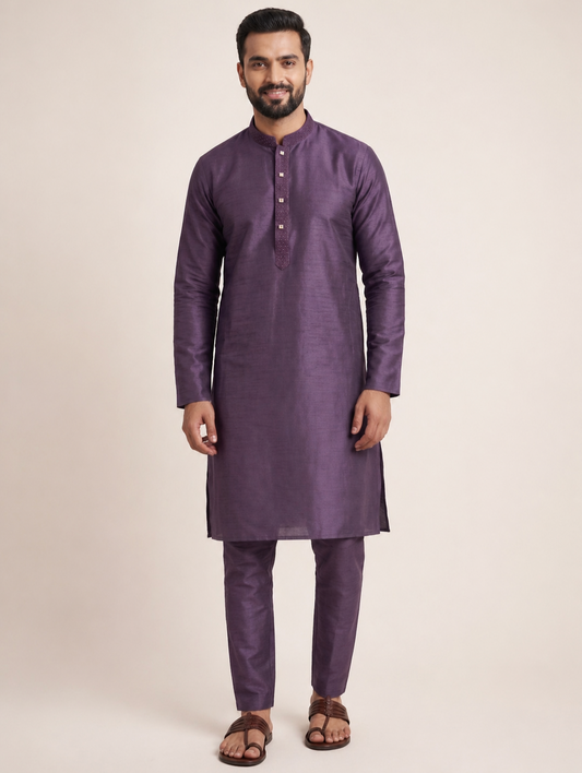 Purple Art Silk Plain Kurta Set Festive Wear