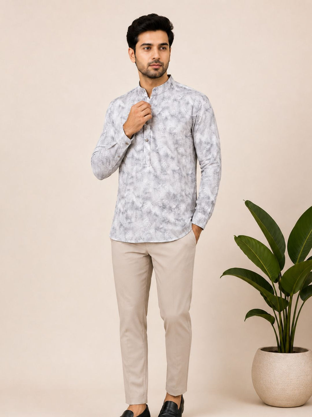 Green Linen Printed Short Kurta
