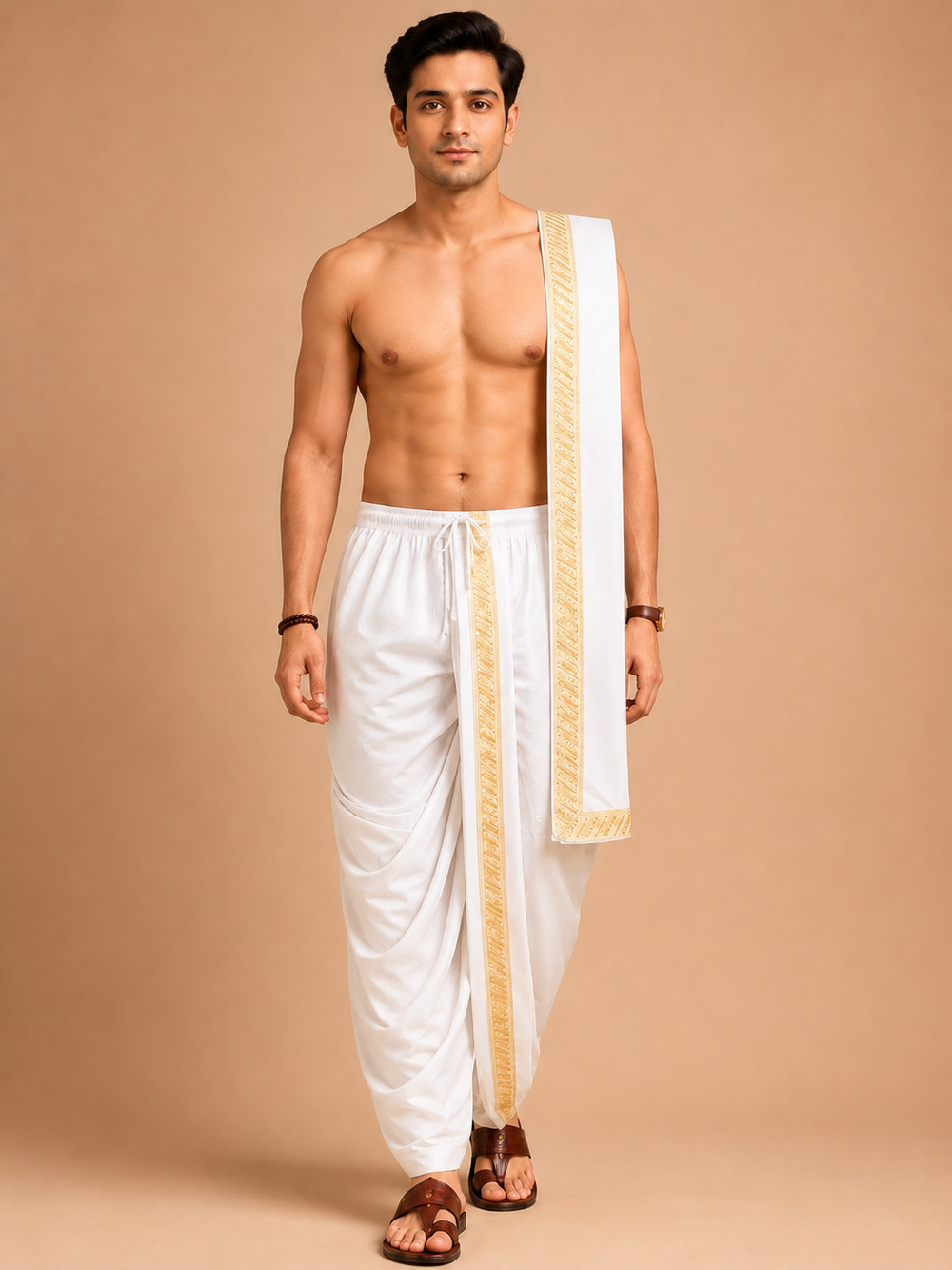 Off-White Art Silk Zari Border Dhoti with Dupatta Festive Wear