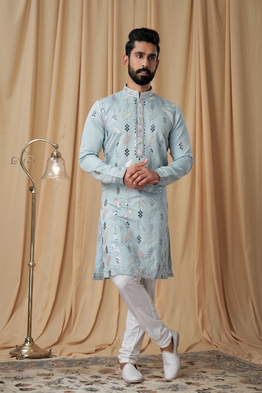 Sky Blue Muslin Mirror and Embroidered Kurta Pyjama