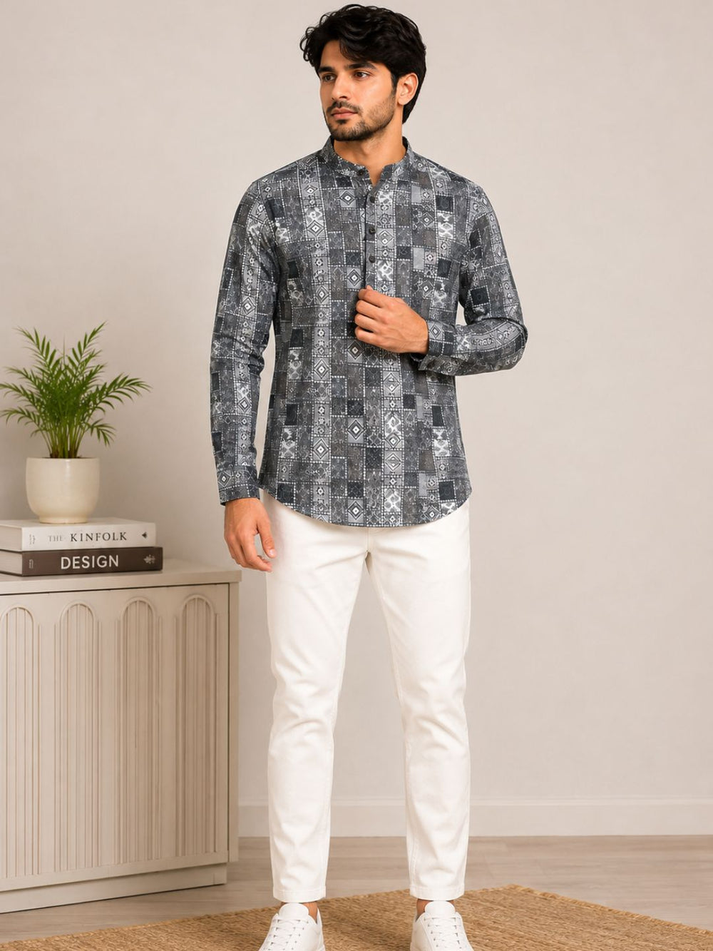 Ash Grey Cotton Printed Short Kurta