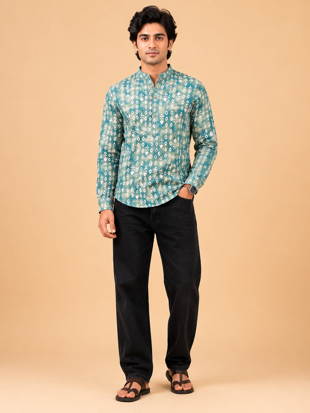Mint Green Linen Printed Short Kurta