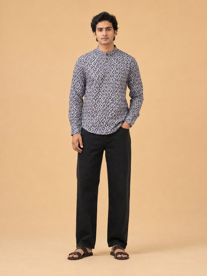 Gray Linen Printed Short Kurta