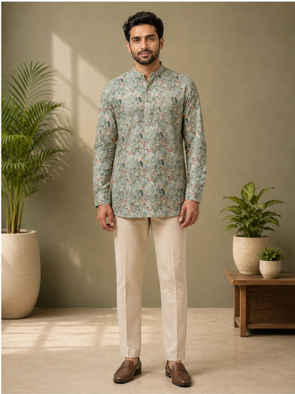 Moss Green Cotton Printed Short Kurta