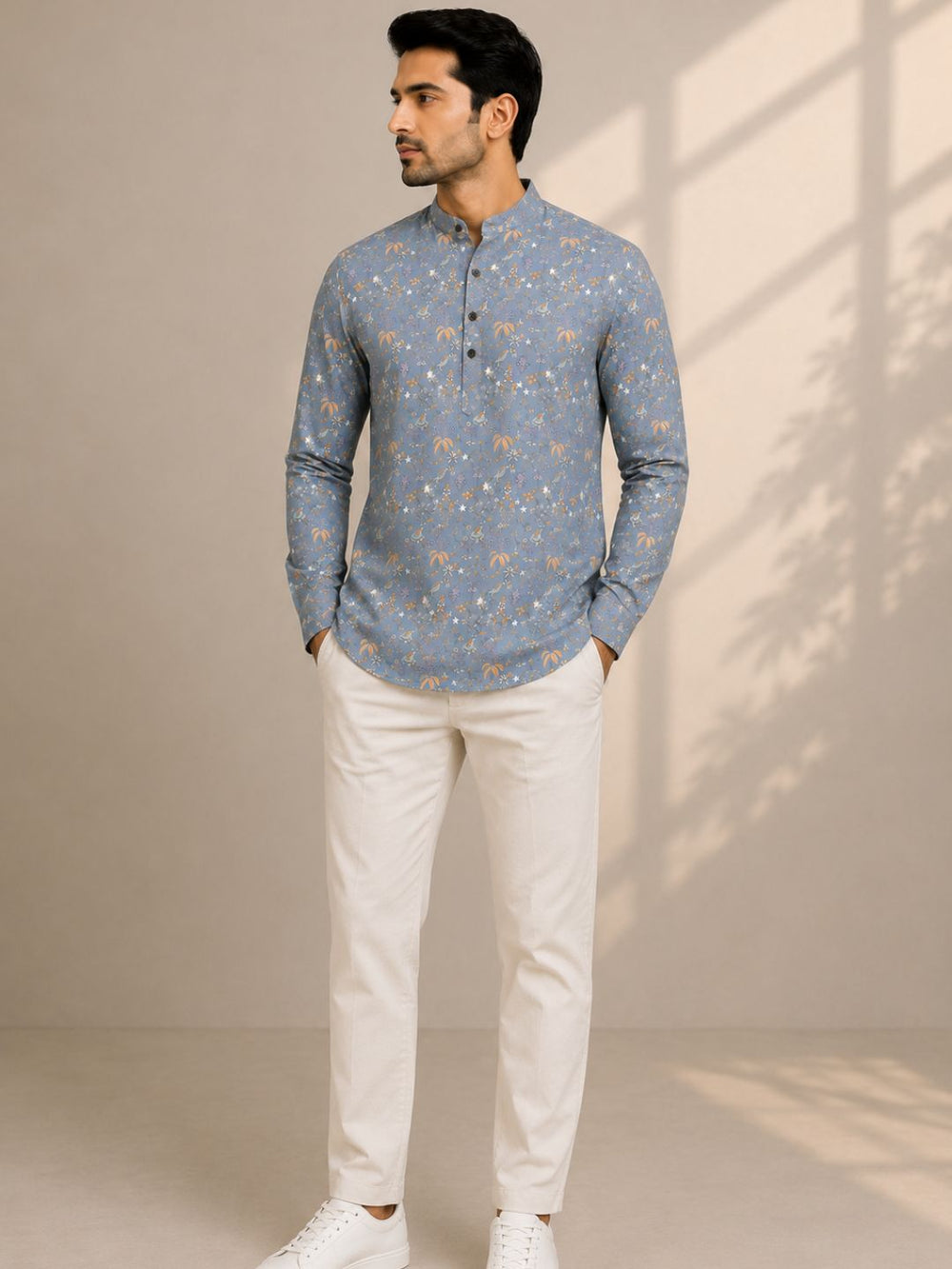 Pearl Grey Cotton Printed Short Kurta