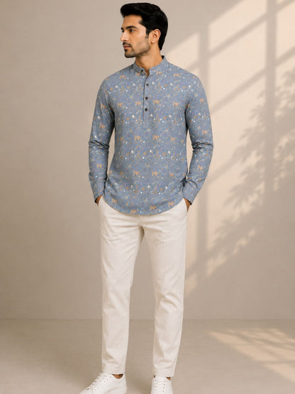Pearl Grey Cotton Printed Short Kurta