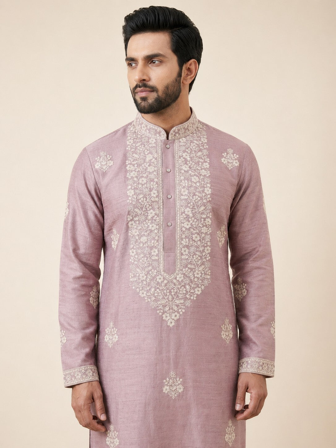 Onion Pink Linen Thread Embroidered Kurta Set for Festive Wear