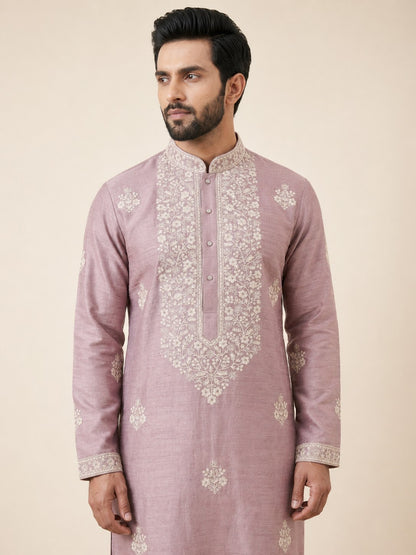 Onion Pink Linen Thread Embroidered Kurta Set for Festive Wear