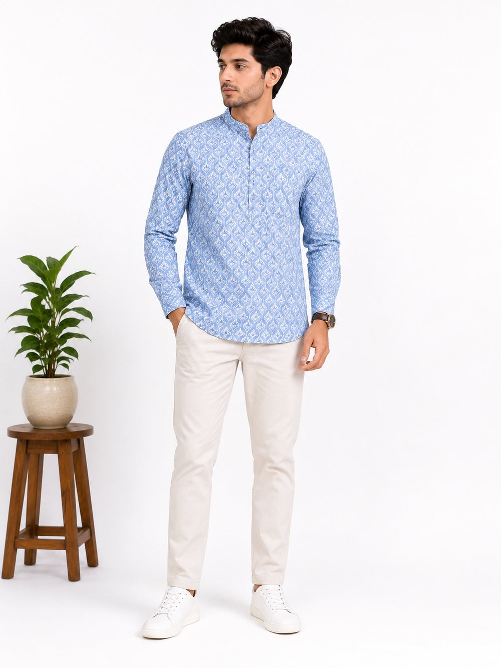 Sky Blue Cotton Printed Short Kurta