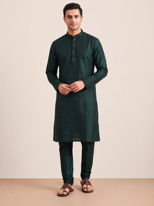 Bottle Green  Art Silk Plain Kurta Set Festive Wear