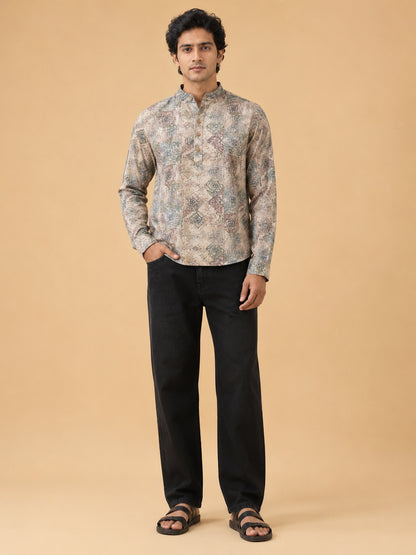 Beige Linen Printed Short Kurta