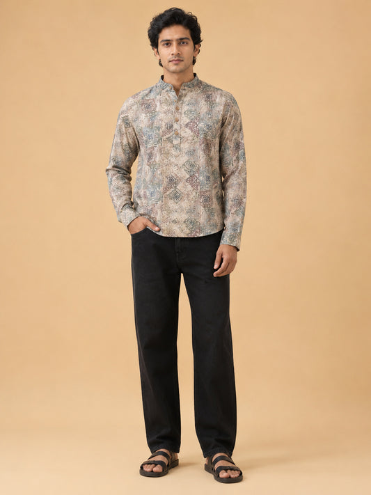 Beige Linen Printed Short Kurta