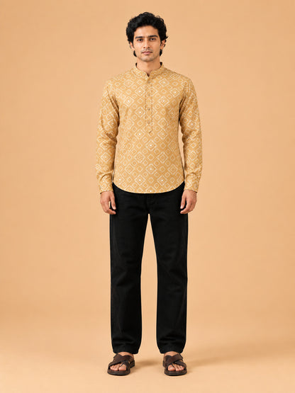 Mustard Linen Printed Short Kurta
