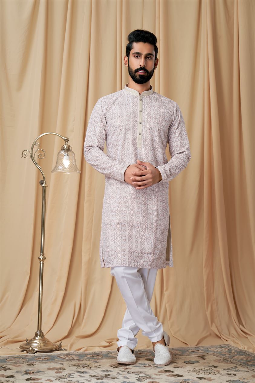 Beige Georgette Embroidered Kurta Pyjama