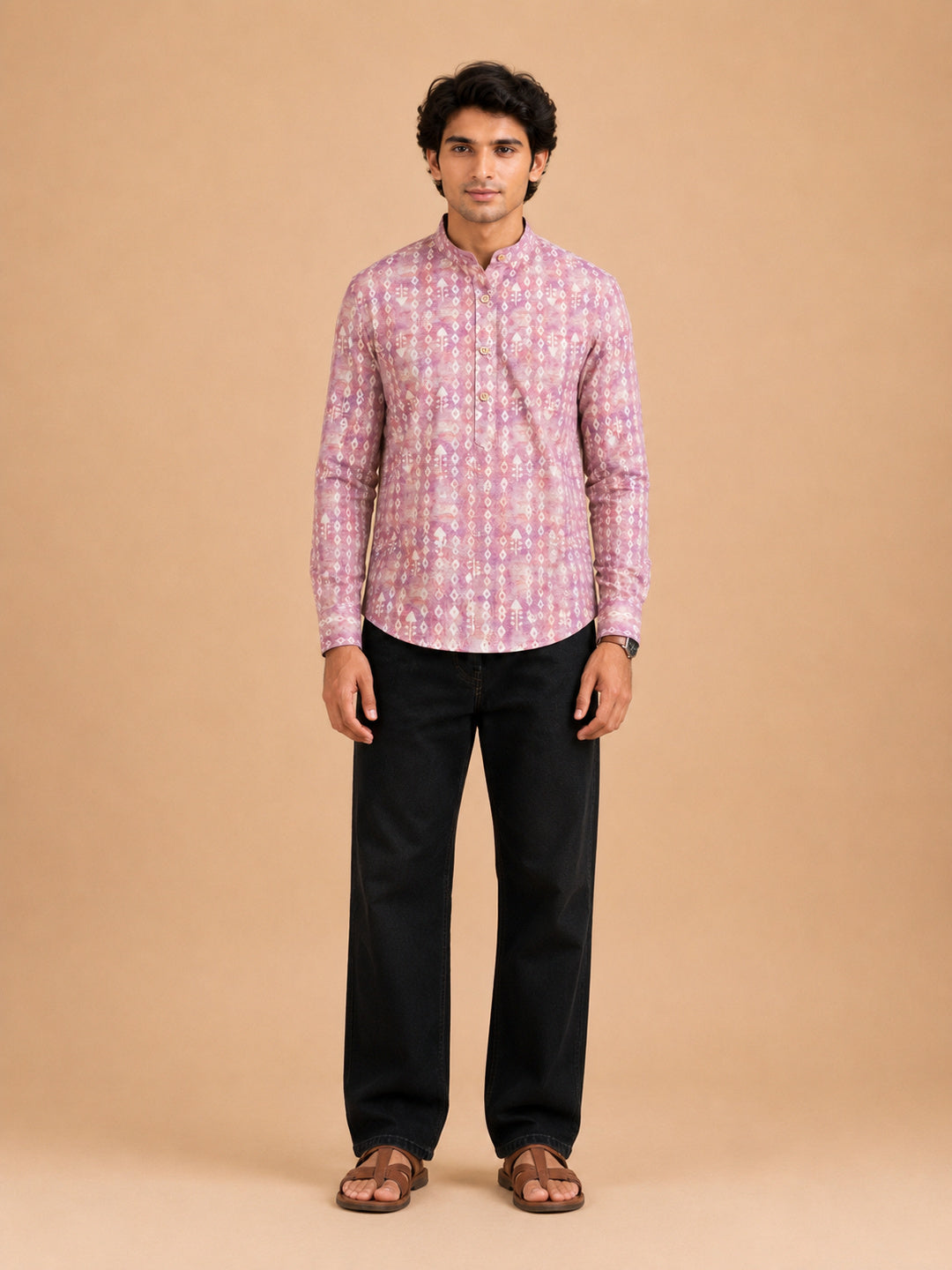 Onion Pink Linen Printed Short Kurta