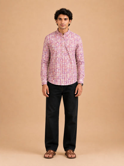 Onion Pink Linen Printed Short Kurta