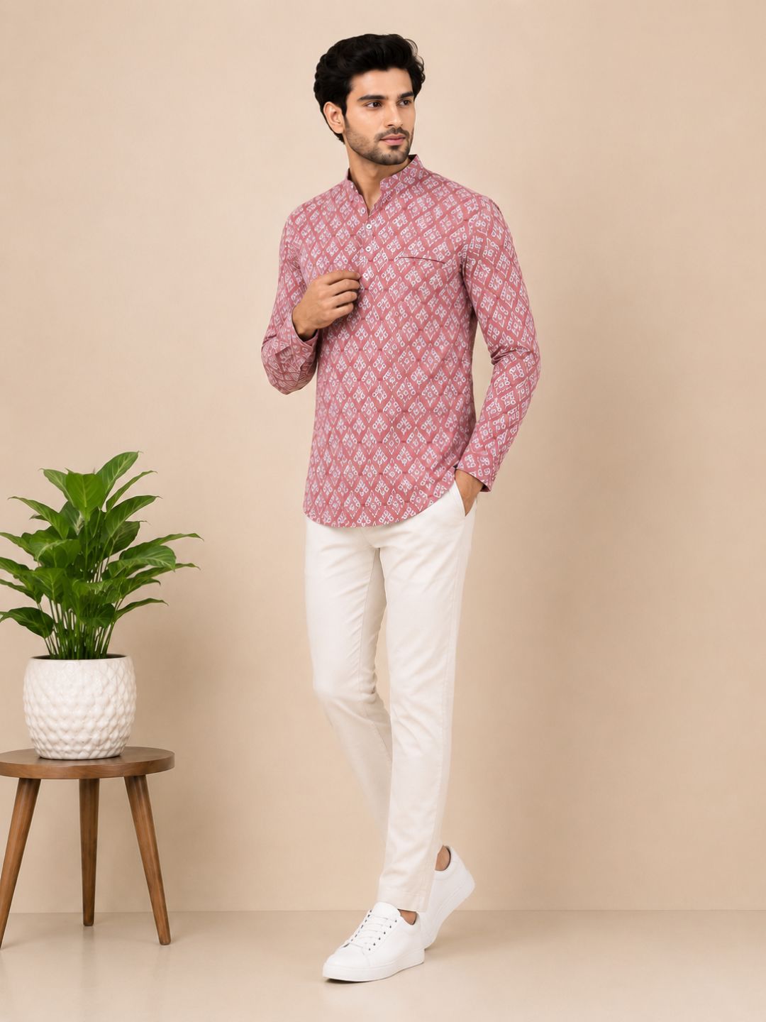 Onion Pink Cotton Printed Short Kurta
