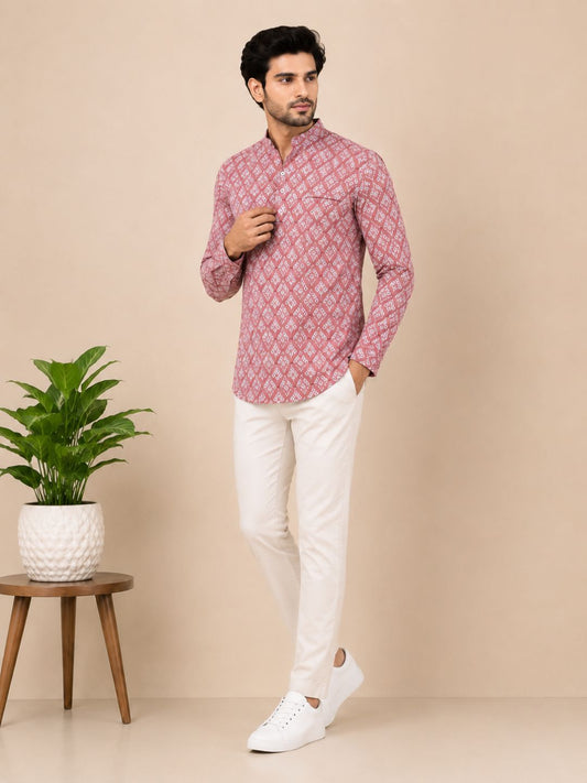 Onion Pink Cotton Printed Short Kurta