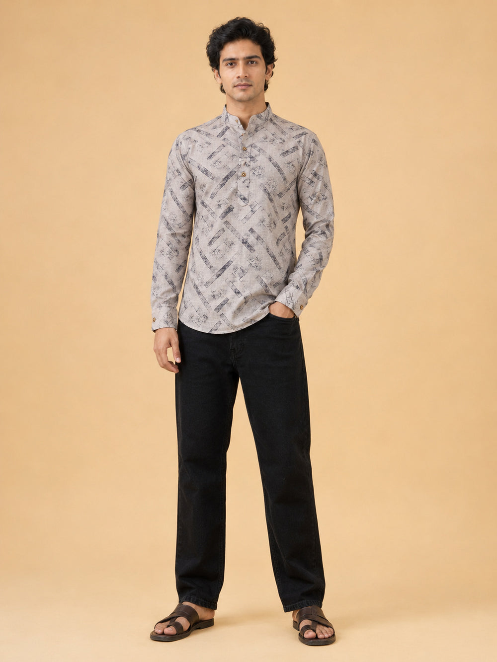 Beige Linen Printed Short Kurta