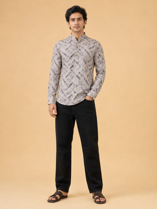 Beige Linen Printed Short Kurta