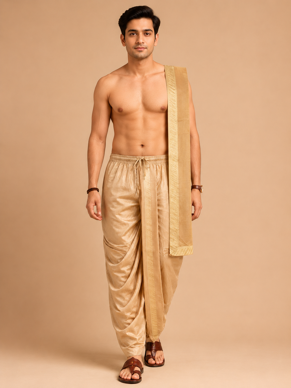 Gold Art Silk Zari Border Dhoti with Dupatta Festive Wear