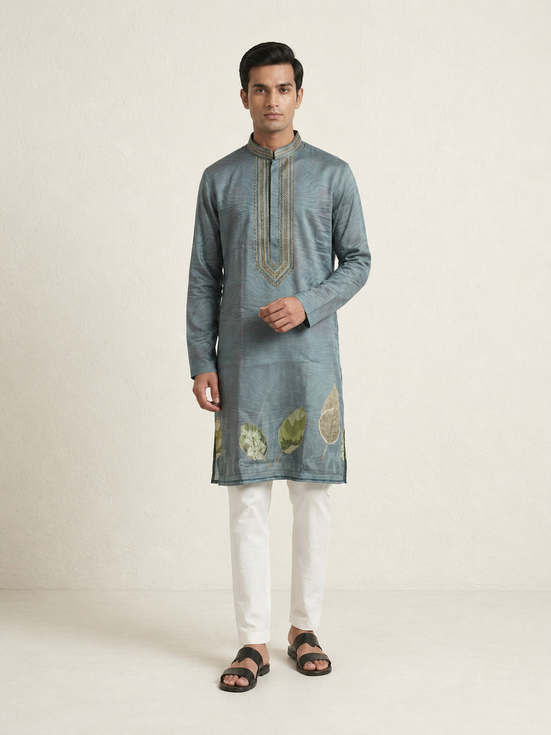 Gray  Art Silk  Foil Printed Kurta Set Festive Wear