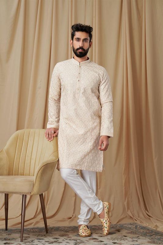 Beige Matka Silk Embroidered Kurta Pyjama