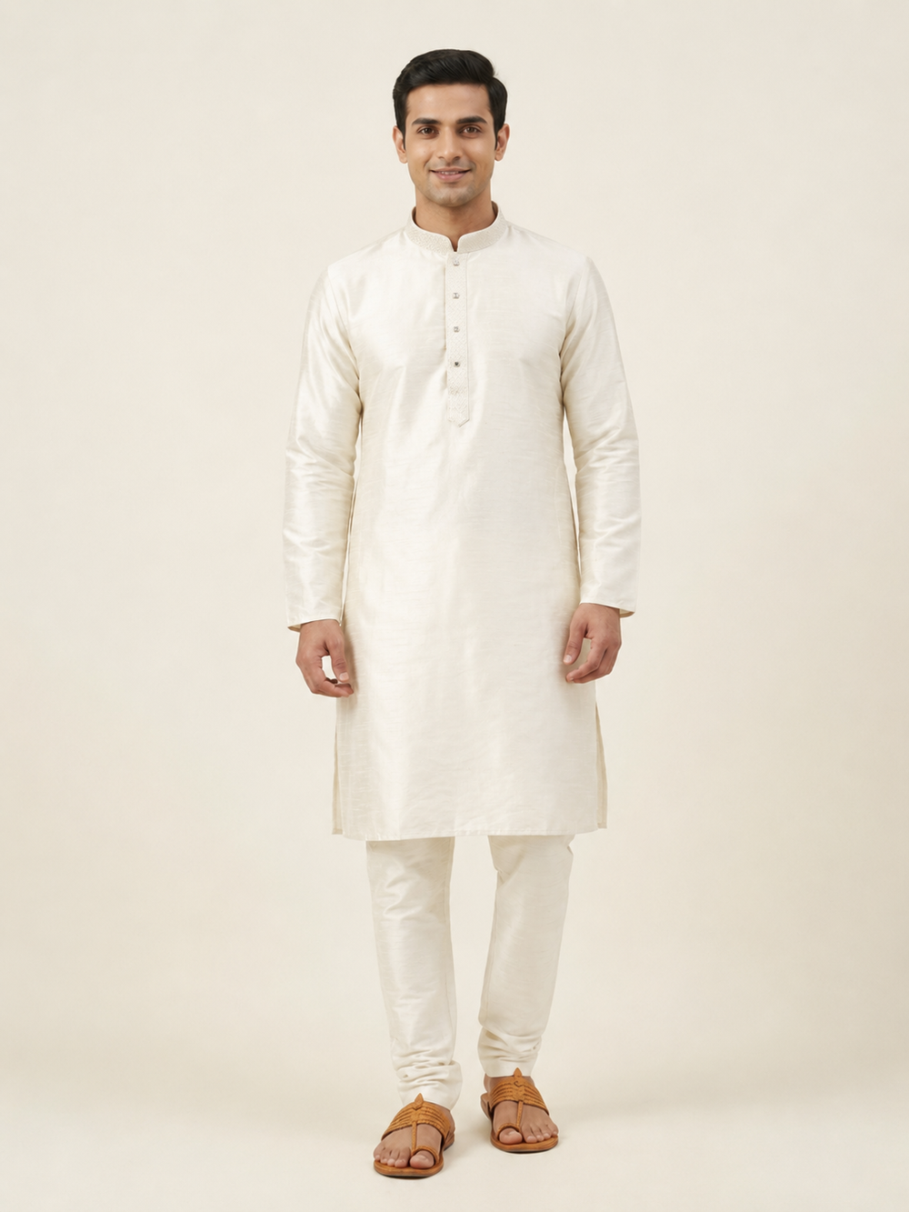 Cream Art Silk Plain Kurta Set Festive Wear