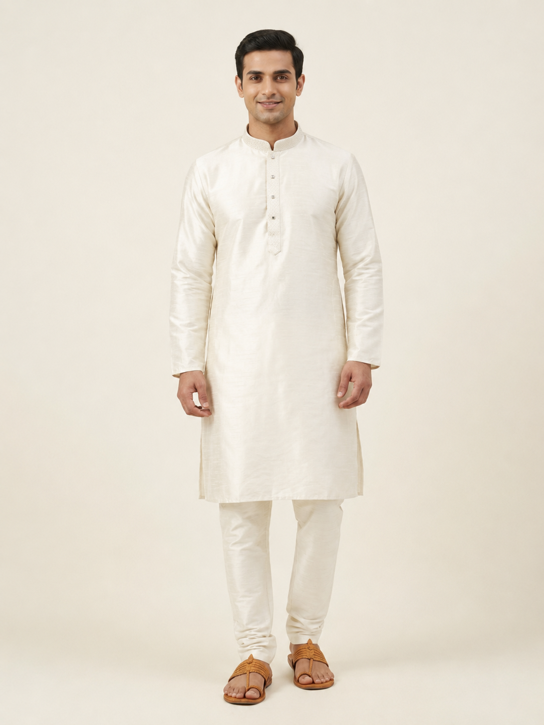 Cream Art Silk Plain Kurta Set Festive Wear
