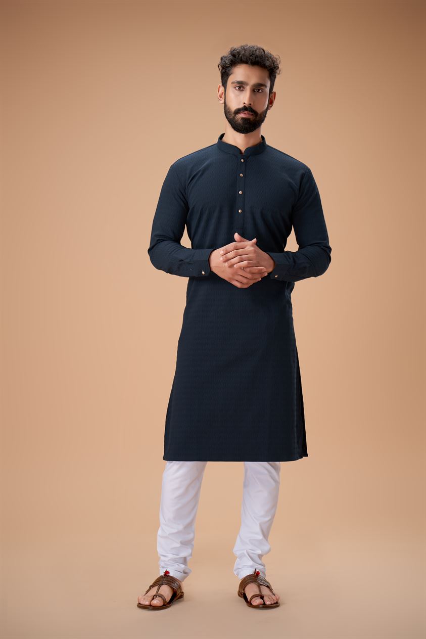 Teal Pure Cotton Self Jaquard Kurta Pyjama