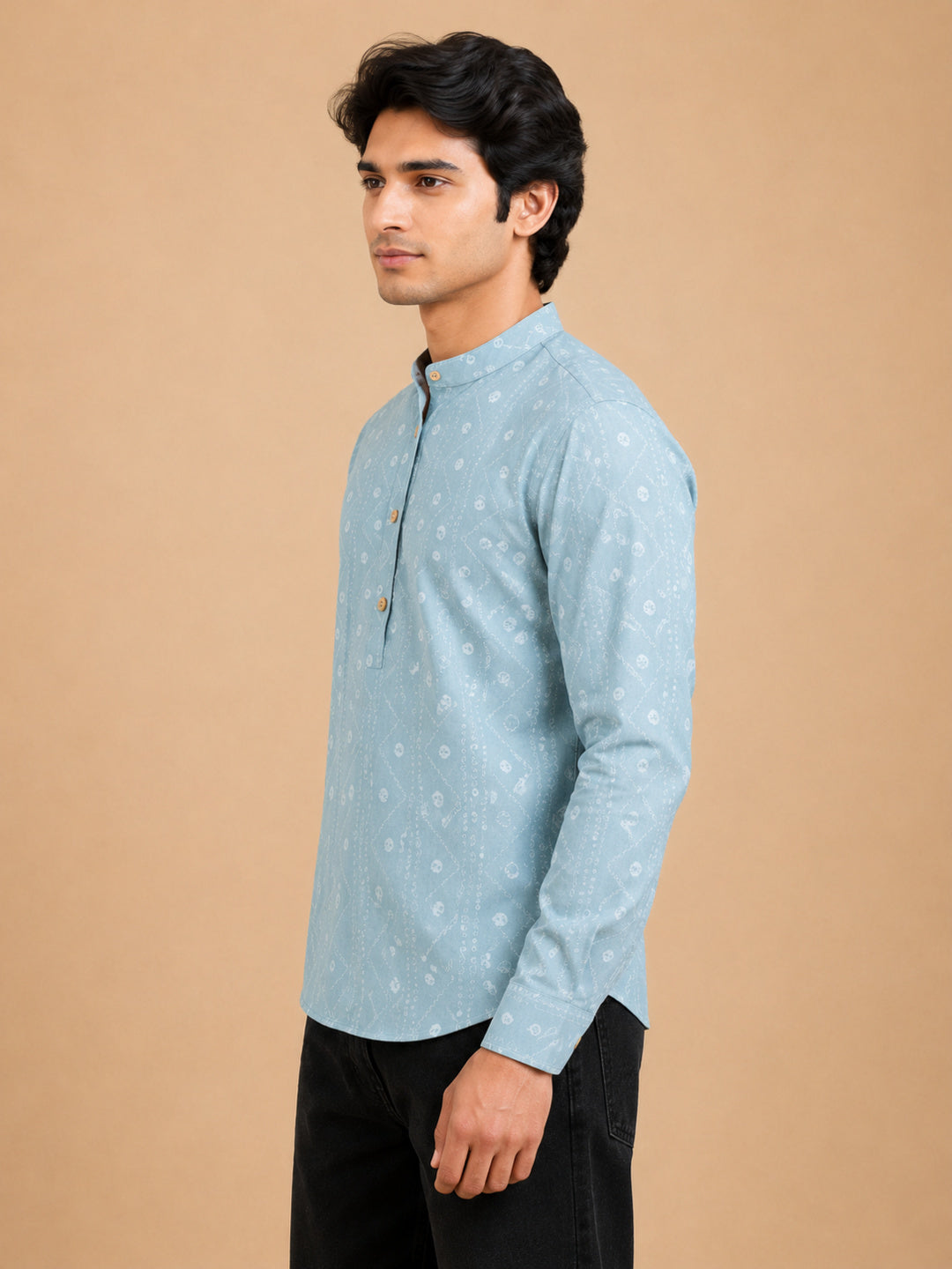 Mint Green Linen Printed Short Kurta