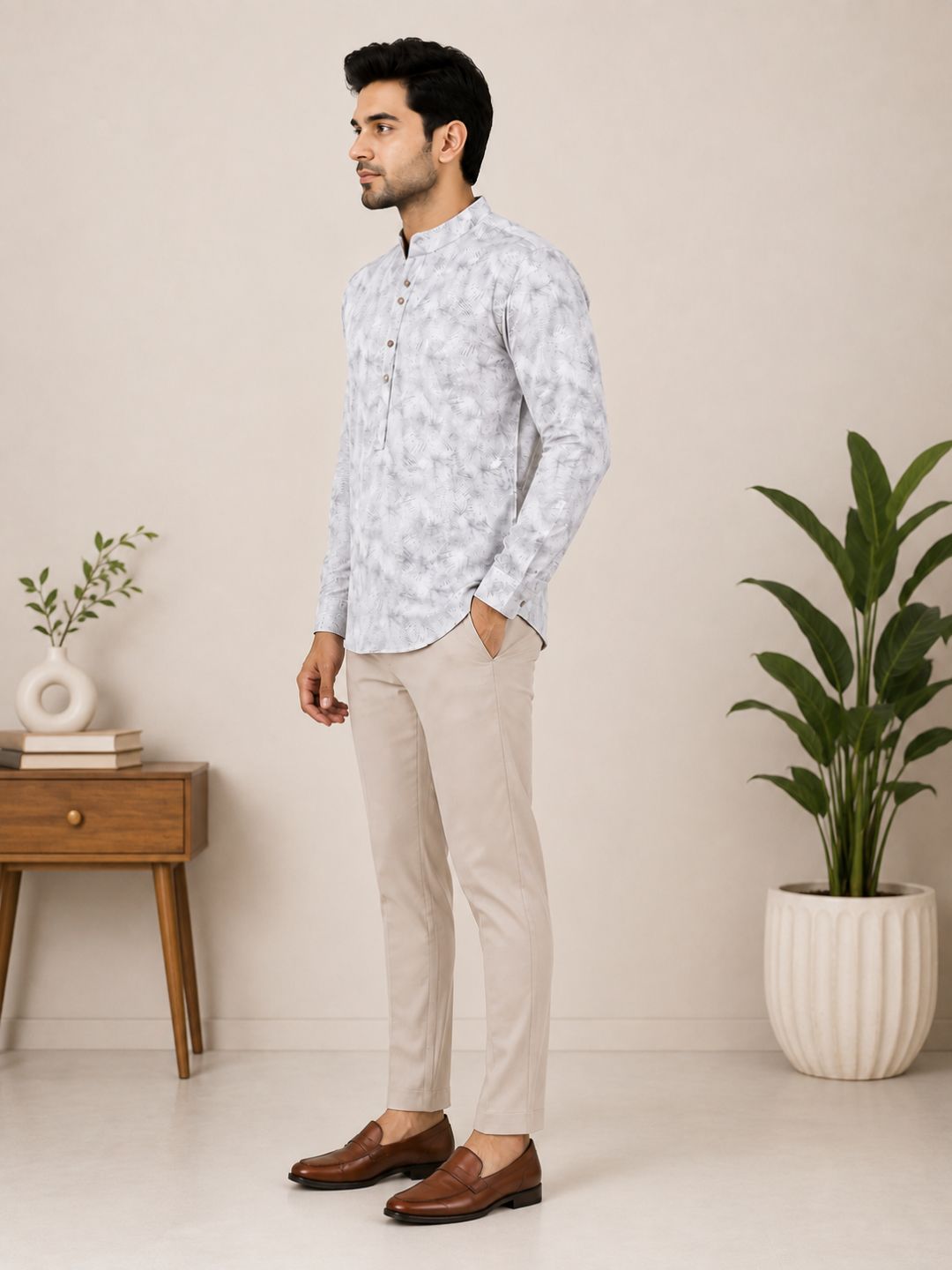 Green Linen Printed Short Kurta