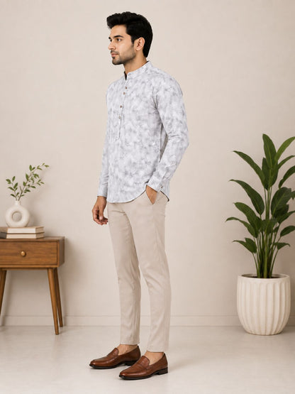 Green Linen Printed Short Kurta