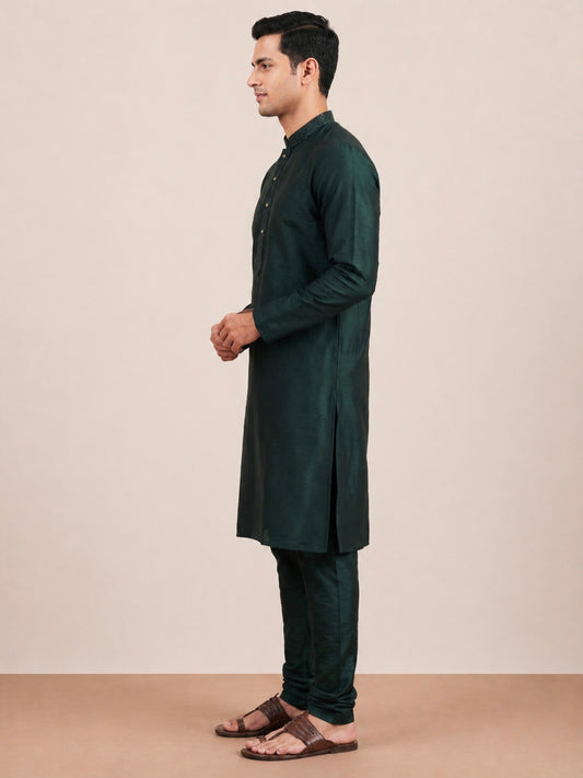 Bottle Green  Art Silk Plain Kurta Set Festive Wear