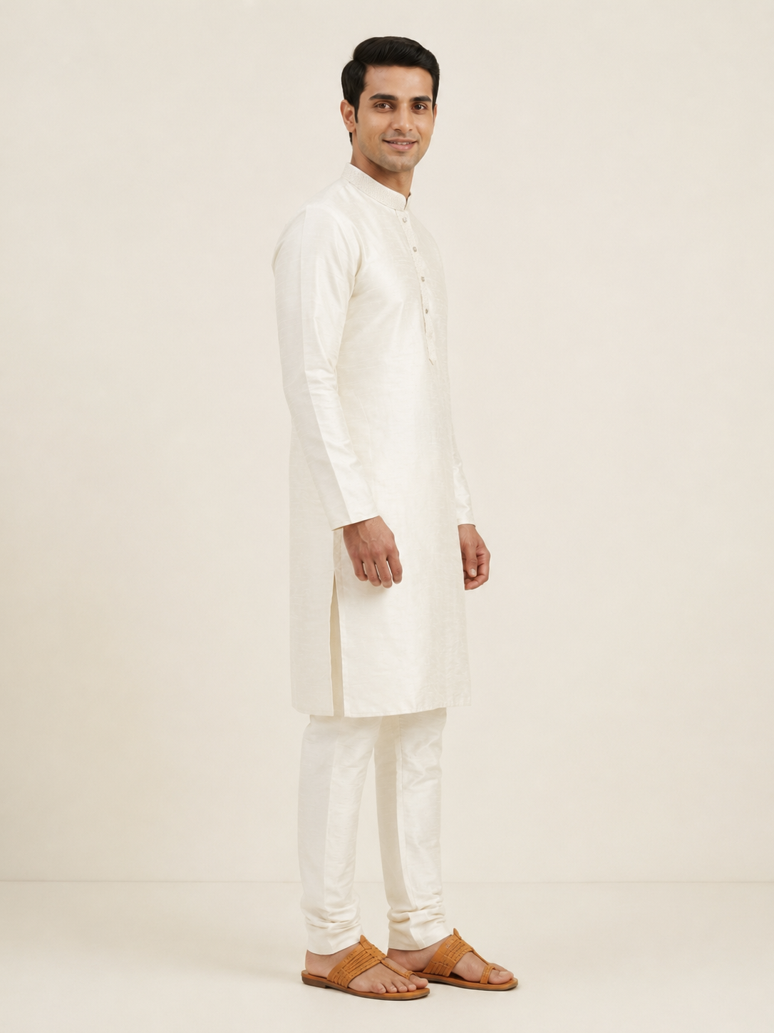 Cream Art Silk Plain Kurta Set Festive Wear