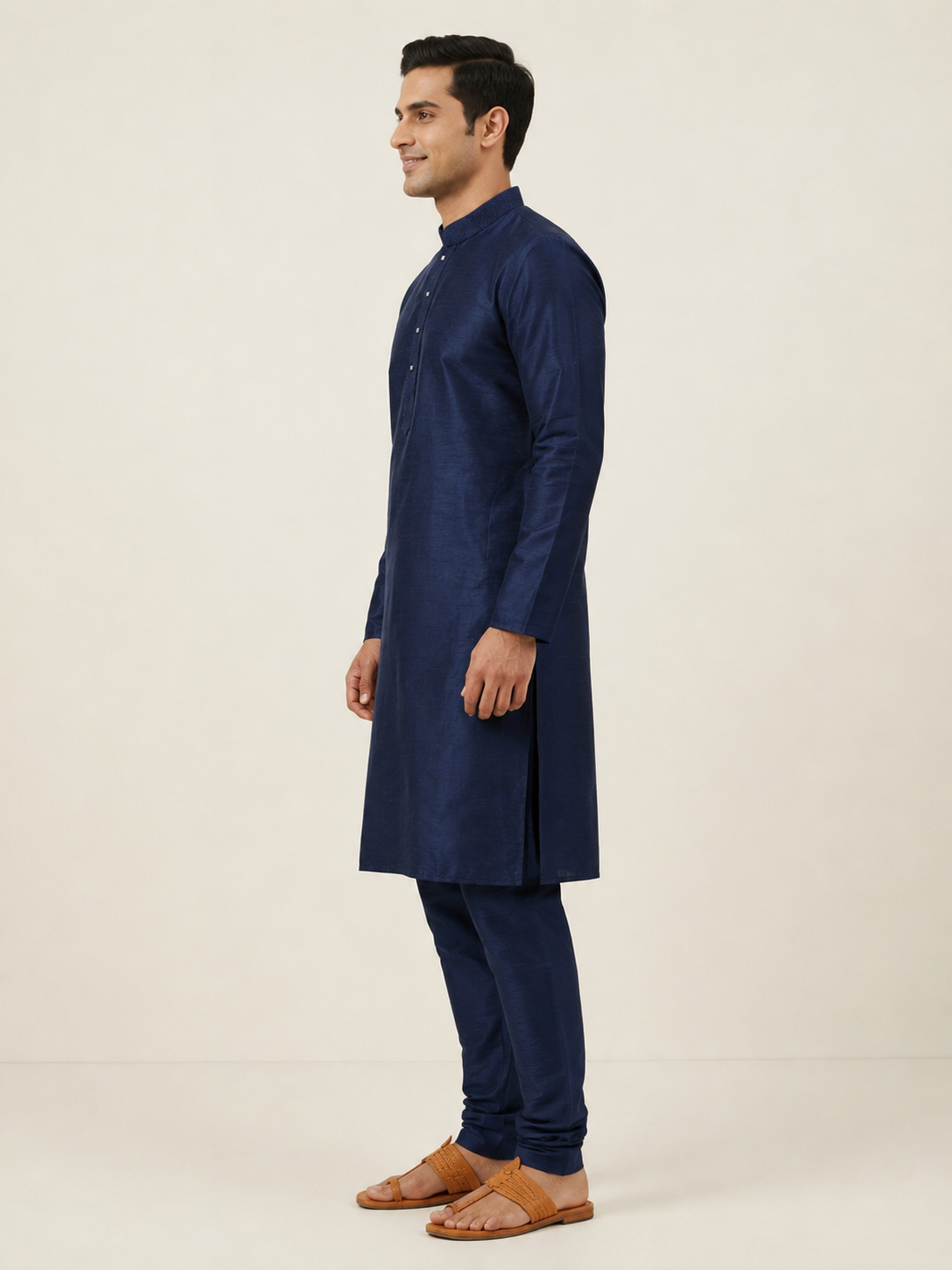 Navy Blue Art Silk Plain Kurta Set Festive Wear