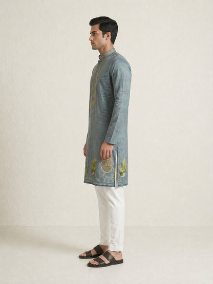Gray  Art Silk  Foil Printed Kurta Set Festive Wear