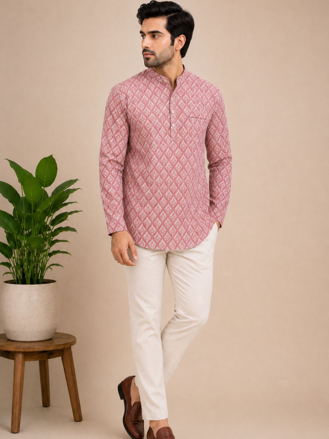 Onion Pink Cotton Printed Short Kurta