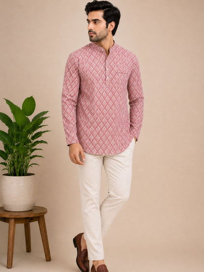 Onion Pink Cotton Printed Short Kurta
