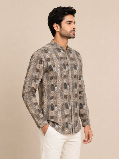 Olive Green Cotton Printed Short Kurta